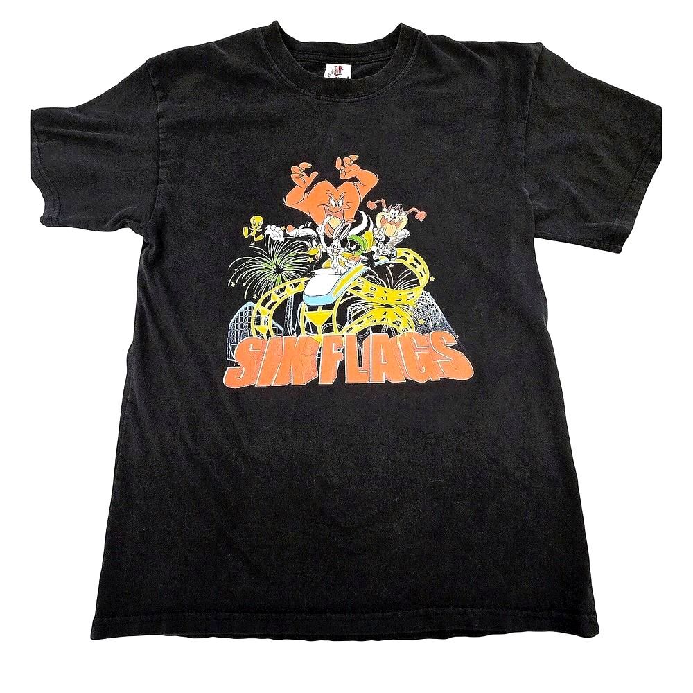 2008 Six Flags Looney Tunes T Shirt Bugs Bunny Tweety Warner Bros Black Graphic